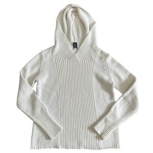 Gap Womens Cream Ribbed Knit Hooded Sweater V-Neck Pullover Medium Cotton Blend